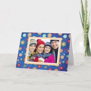 Christmas Family Photo Bright Blue Snowflakes Holiday Card