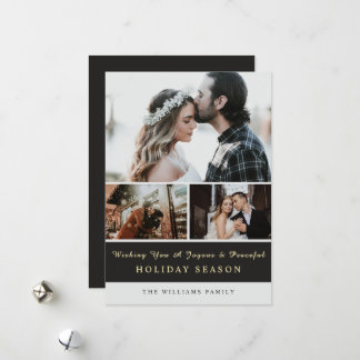 Christmas Family Photo Collage Black and Gold Holiday Card