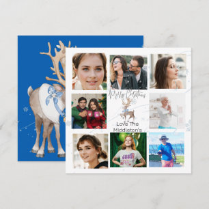 Christmas Family Photo Collage Blue Deer Holiday Card