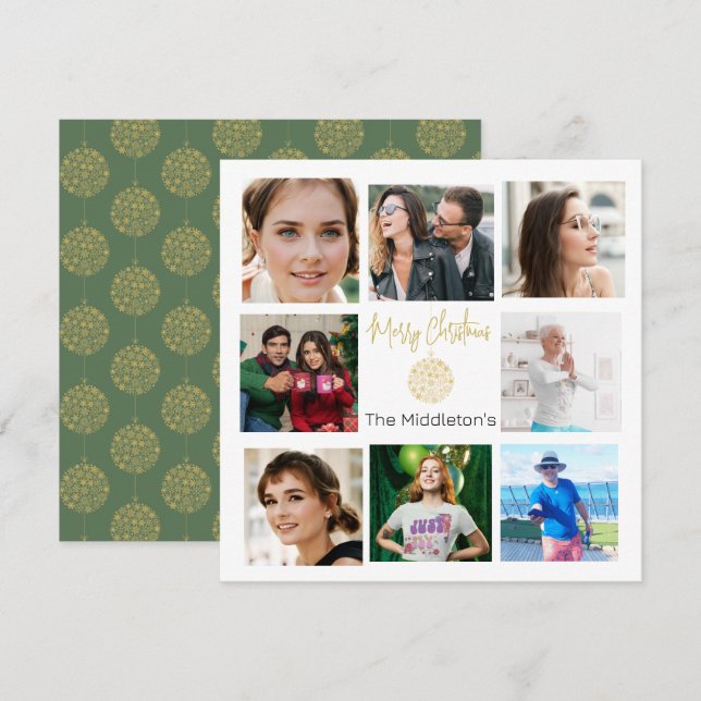 Christmas Family Photo Collage Gold Green  Holiday Card (Front/Back)