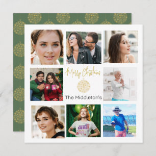 Christmas Family Photo Collage Gold Green Holiday Card