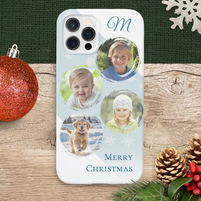 Christmas Family Photo Collage Monogrammed iPhone Case (A phone case with four personalized photos, custom monogram and 'Merry Christmas' greeting)