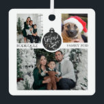 Christmas Family Photo Collage Ornament<br><div class="desc">A festive 3 photo family photo collage ornament,  featuring the family during the holiday with their new puppy. The centre displays an ornament of your family and your new Christmas puppy. Add your own adorable photos of the celebration. Customise with your photos on both sides.</div>