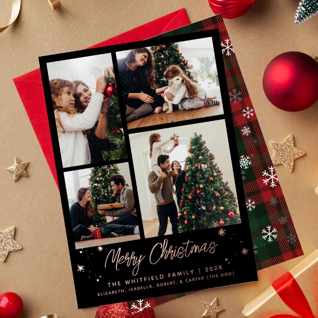 Christmas Family Photo Collage Plaid Rose Gold (Rustic Plaid Christmas Multi Photo Family Rose Gold Greetings Card)
