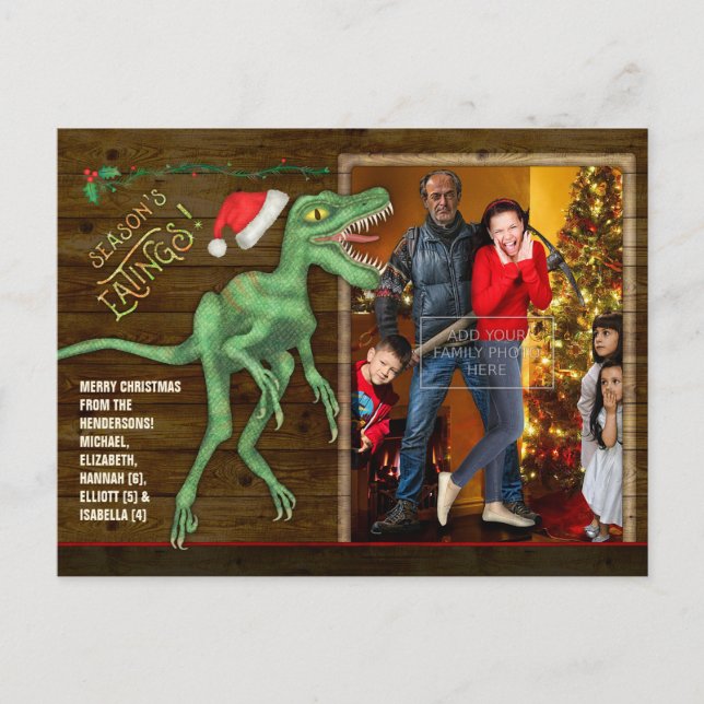 Christmas Family Photo Funny Velociraptor Dinosaur Holiday Postcard (Front)