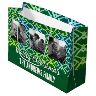 Christmas Family Photo Geometric Emerald Green Large Gift Bag