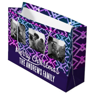 Christmas Family Photo Geometric Fuchsia Purple Large Gift Bag