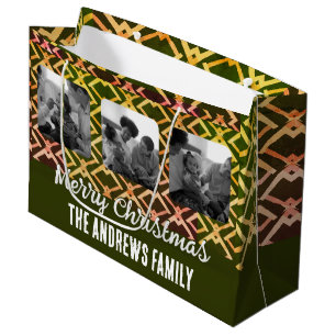 Christmas Family Photo Geometric olive Green Large Gift Bag