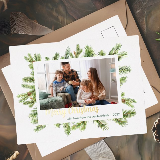 Christmas Family Photo Gold Foil Holiday Postcard (Family Photo Greenery Christmas Greetings Gold Foil Card)