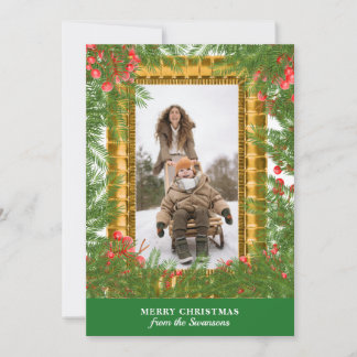Christmas Family Photo Gold Frame Evergreen Berrie Holiday Card