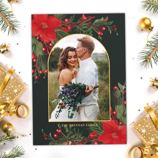 Christmas Family Photo Green Botanical Greenery Holiday Card (Christmas Family Photo Green Botanical Greenery Holiday Card)