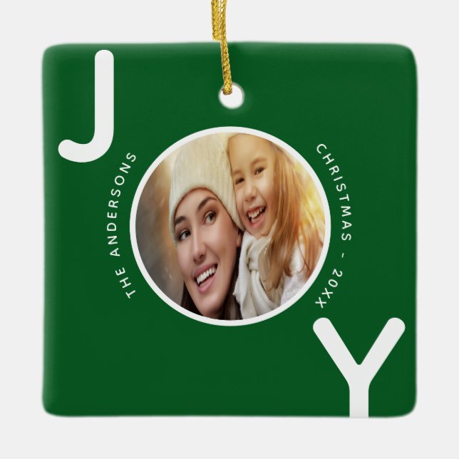 Christmas family photo green joy modern ceramic ornament (Front)