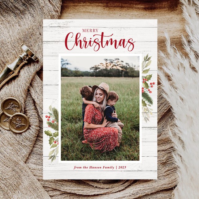 Christmas Family Photo Greenery White Wood Flat Holiday Card (Creator Uploaded)