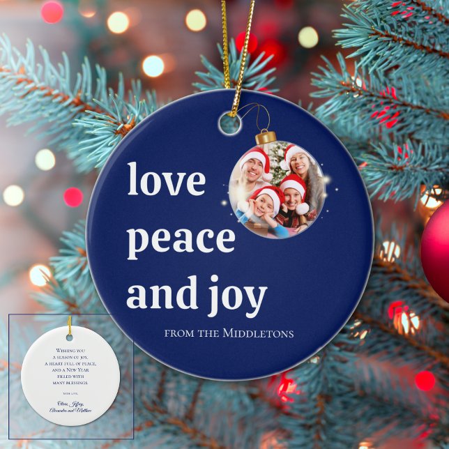 Christmas Family Photo Love Peace Joy Blue Holiday Ceramic Tree Decoration (Creator Uploaded)