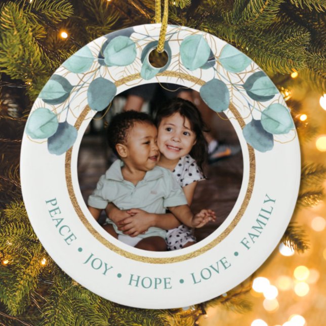 Christmas Family Photo Modern Eucalyptus Ceramic Tree Decoration (Creator Uploaded)