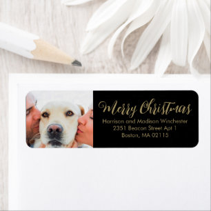 Christmas family photo modern script black gold