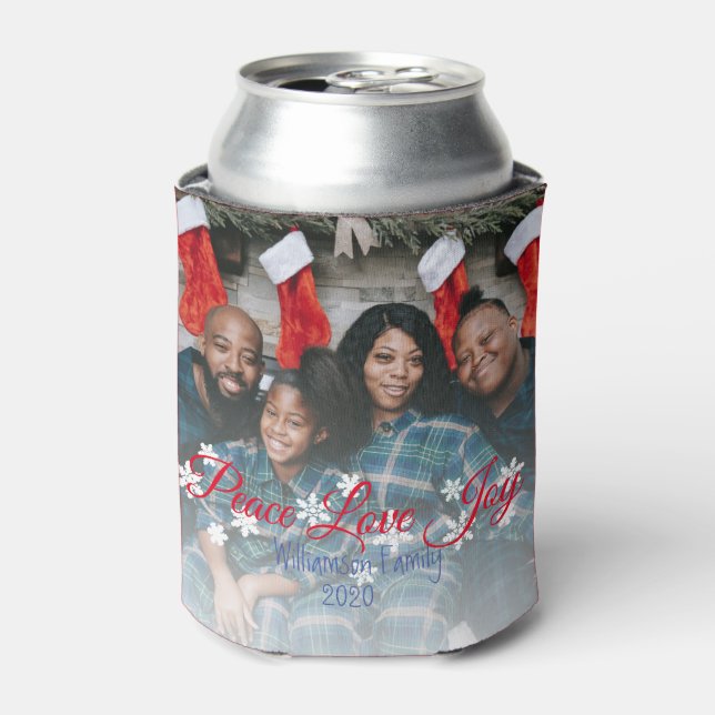 Christmas Family Photo Peace Love Joy Modern Can Cooler (Can Front)