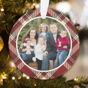 Christmas Family Photo Red and Beige Bufalo Ornament