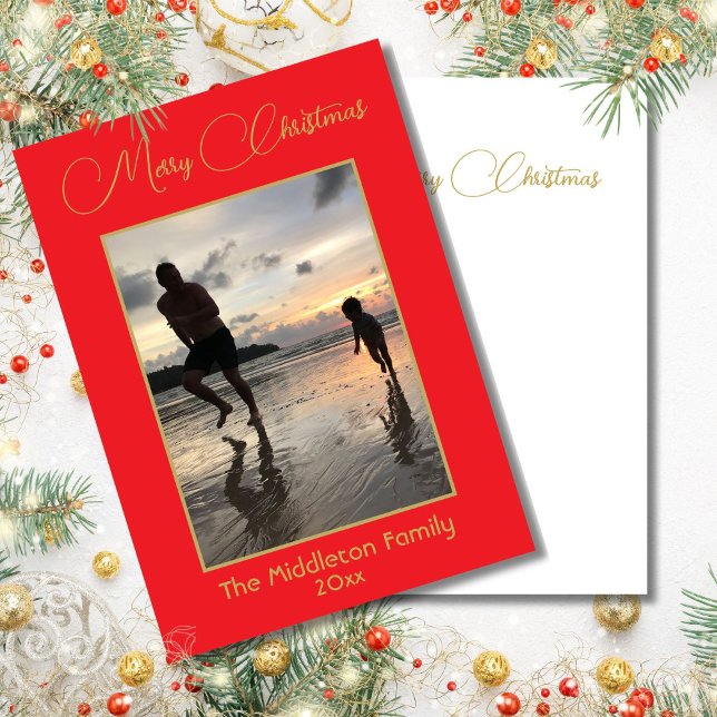 Christmas Family Photo Red Gold Merry Christmas Holiday Card (Creator Uploaded)
