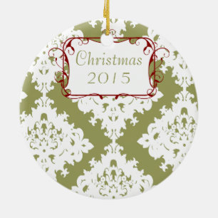 Christmas Family Photo Sage Green Damask Ceramic Tree Decoration