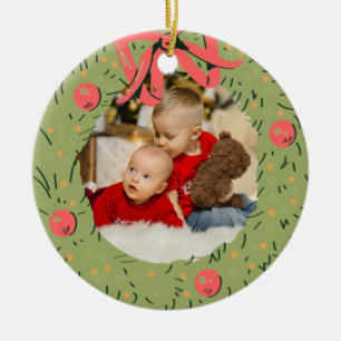 Christmas family Photo Watercolor Wreath Ceramic Tree Decoration
