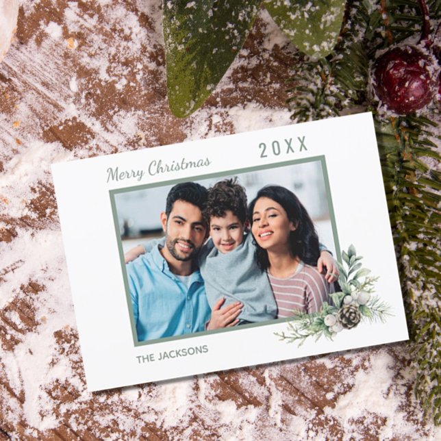 Christmas family photo white cone pine modern holiday postcard (Creator Uploaded)