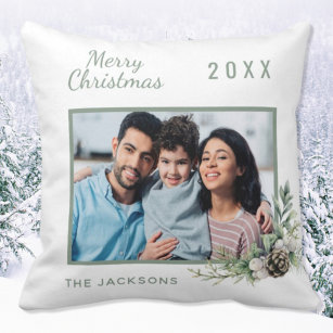 Christmas family photo white cone pine name cushion