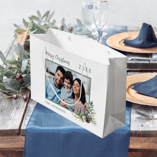 Christmas family photo white cone pine name large gift bag (Creator Uploaded)