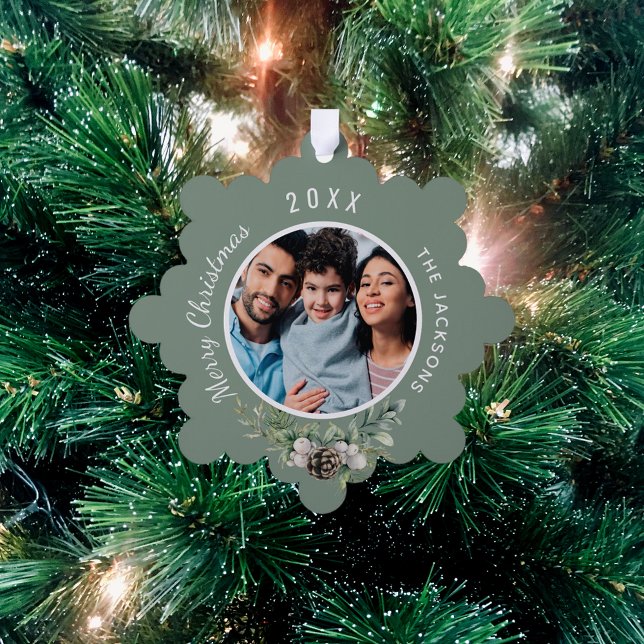 Christmas family photo white cone pine tree decoration card (Creator Uploaded)