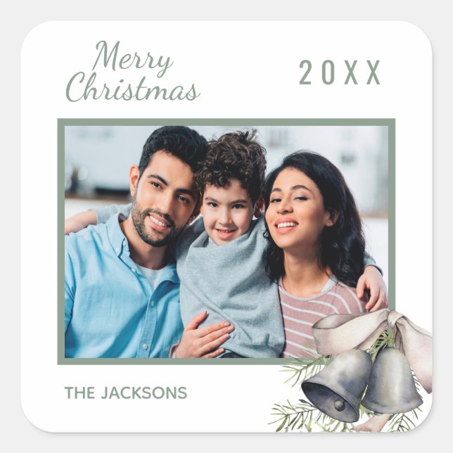 Christmas family photo white green bells square sticker (Front)