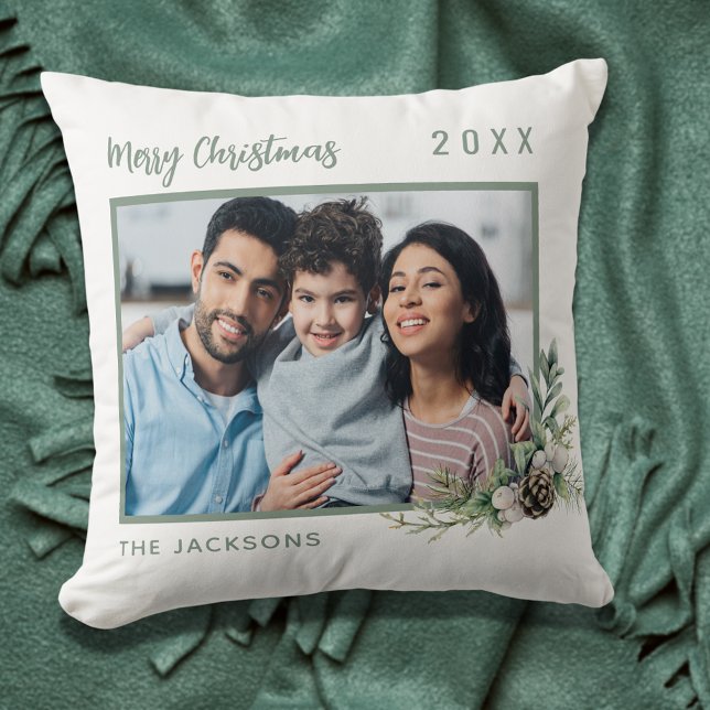 Christmas family photo white green cone pine name cushion (Creator Uploaded)