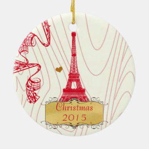 Christmas Family Photo with Eiffel Tower Ceramic Tree Decoration