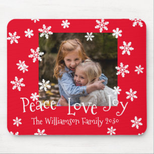 Christmas Family Photo Year White Snowflake Red Mouse Pad