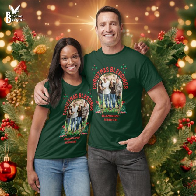 CHRISTMAS FAMILY REUNION Matching Group  T-Shirt (Christmas Blessings Family Reunion group shirt with custom photo and text. Ideal family pajama gift)