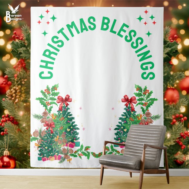 Christmas Family Reunion Photo Backdrop Tapestry (CHRISTMAS BLESSINGS tapestry backdrop for festive family reunion photoshoots. Ideal Christmas decor.)