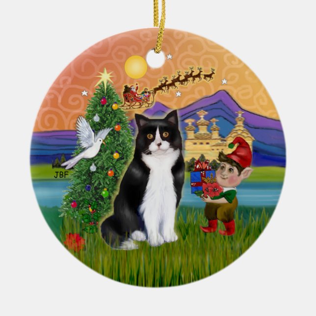 Christmas Fantasy - Black and white Tuxedo cat Ceramic Tree Decoration (Front)
