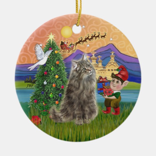 Christmas Fantasy - Norwegian Forest cat Ceramic Tree Decoration (Front)