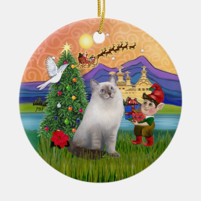 Christmas Fantasy - Ragdoll cat (blue seal point) Ceramic Tree Decoration (Front)