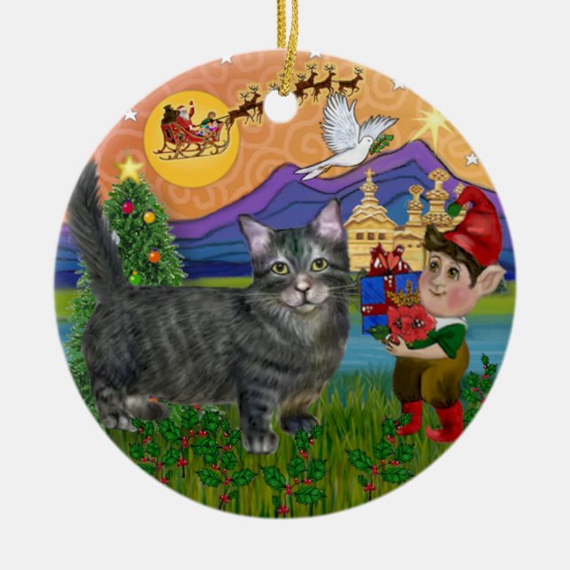 Christmas Fantasy - Tabby Munchkin Cat Ceramic Tree Decoration (Front)