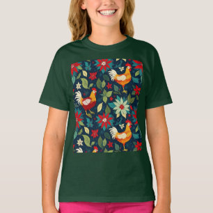 Christmas Farm Chickens And Poinsettias T-Shirt