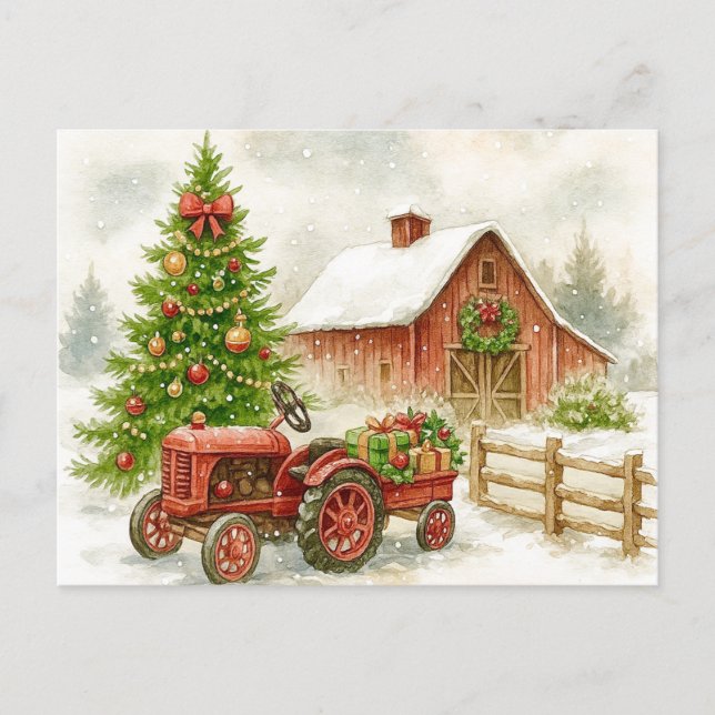 Christmas Farm Morning Red Tractor Barn Postcard (Front)