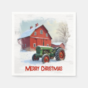 Christmas Farm Tractor and Red Barn Napkin