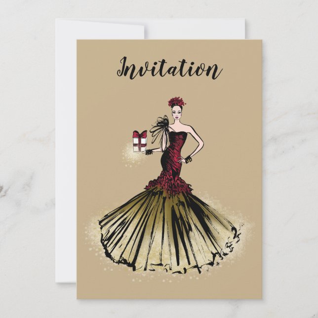 Christmas Fashion Illustration with parcel Invitation (Front)