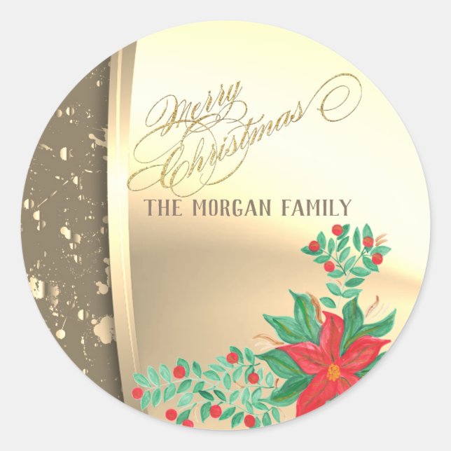  Christmas ,Faux Gold,Watercolor Poinsettia  Classic Round Sticker (Front)