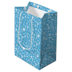 Christmas Favourites Blue Santa Elf Snowman Patter Medium Gift Bag