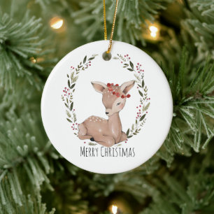 Christmas Fawn Wreath Ceramic Tree Decoration