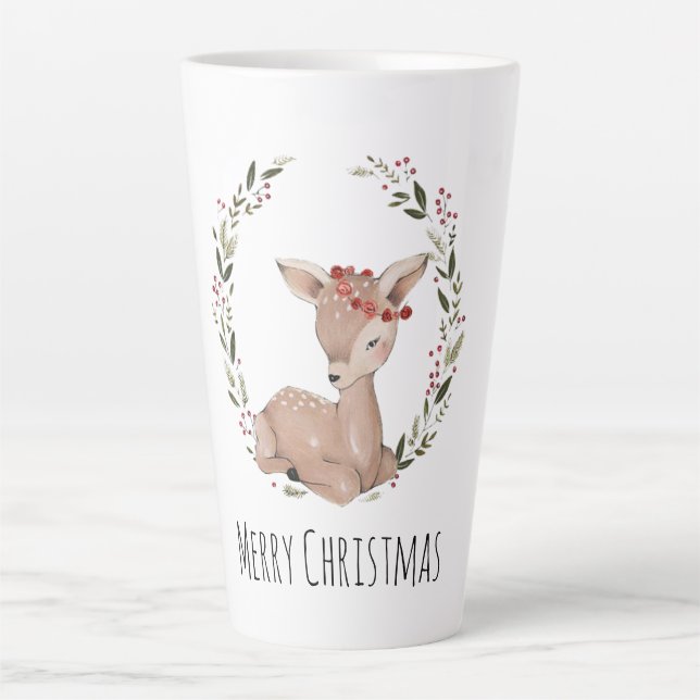 Christmas Fawn Wreath Customisable Latte Mug (Front)