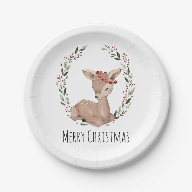 Christmas Fawn Wreath Paper Plate (Front)