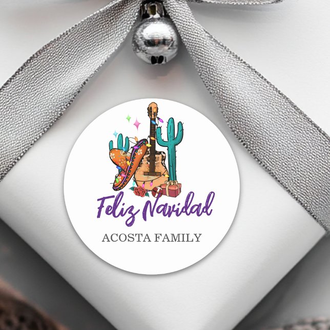 Christmas Feliz Navidad Cactus Sombrero  Classic Round Sticker (Creator Uploaded)