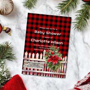 Christmas Fence Buffalo Plaid Baby Shower Invitation